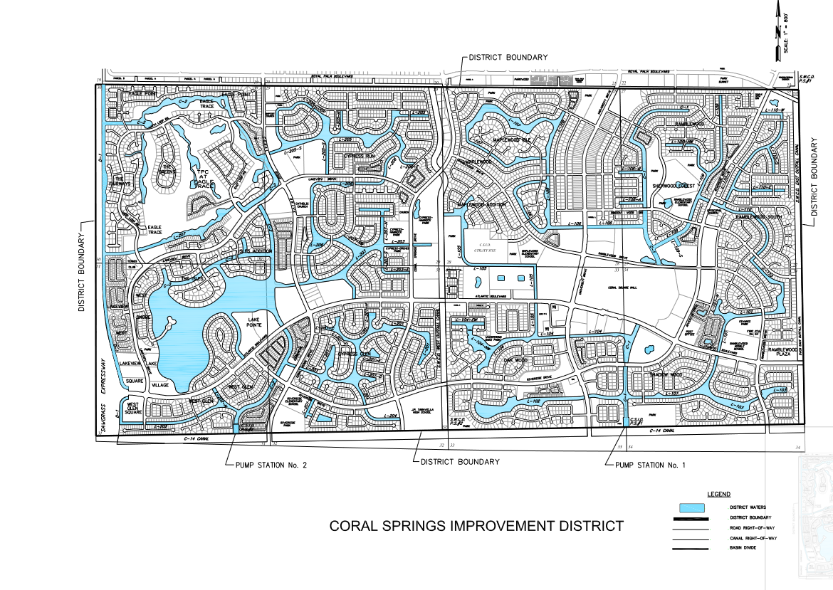 District Boundary Map for Coral Springs Improvement District showing pump map places and district waterways
