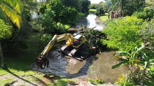 Excavator on a barge in a canal removing trees