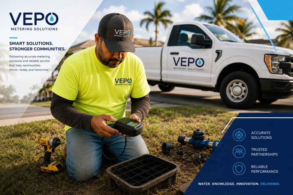 VEPO METERING SOLUTIONS SMART SOLUTIONS STRONGER COMMUNITIES Delivering accurate metering Solutions and reliable service that help communities thrive-today and tomorrow. (Man wearing VEPO Uniform installing watermeter)